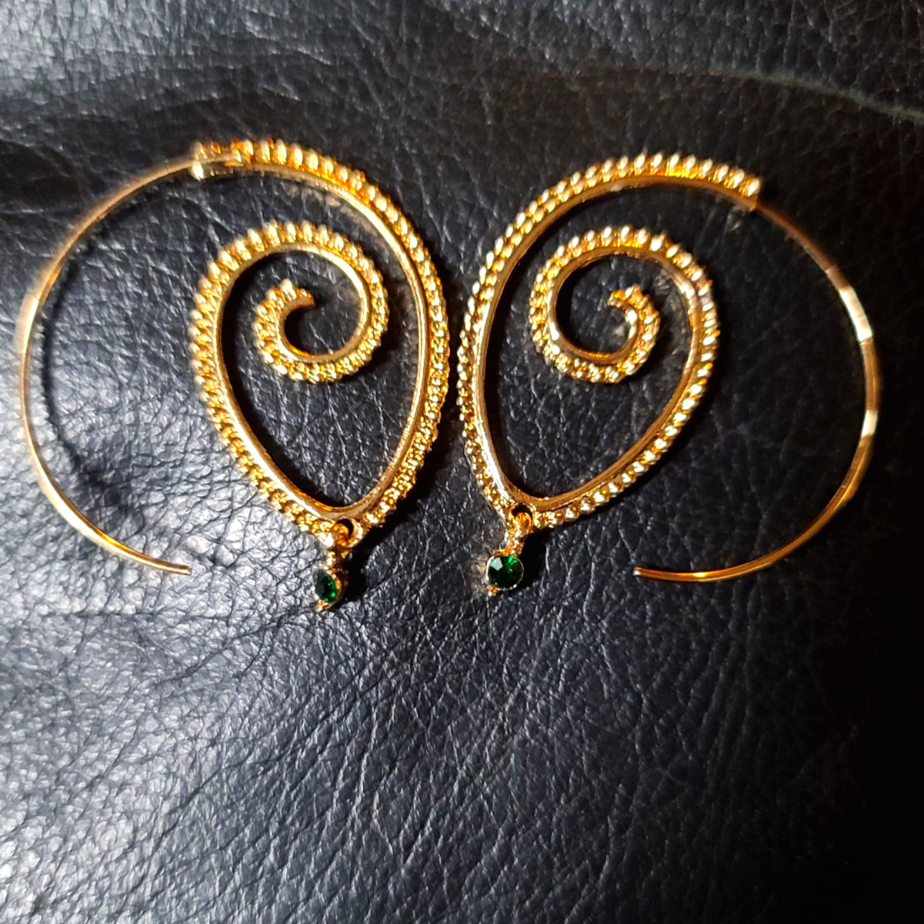 Gold Version Of Tribal Hoop W/Green Crystal Earrings
